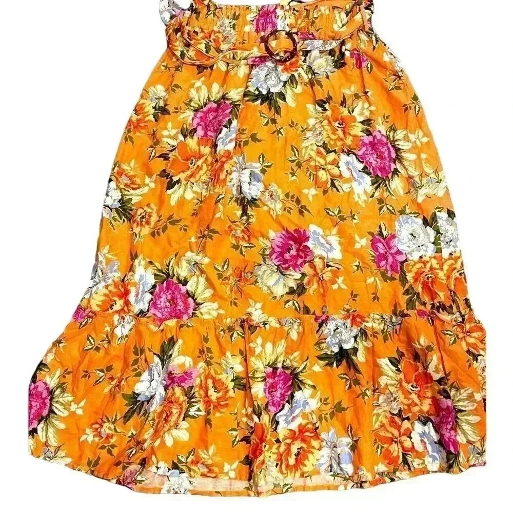 Rachel Roy Floral‎ Paperbag Waist Skirt Orange Summer Boho Chic Belted F11